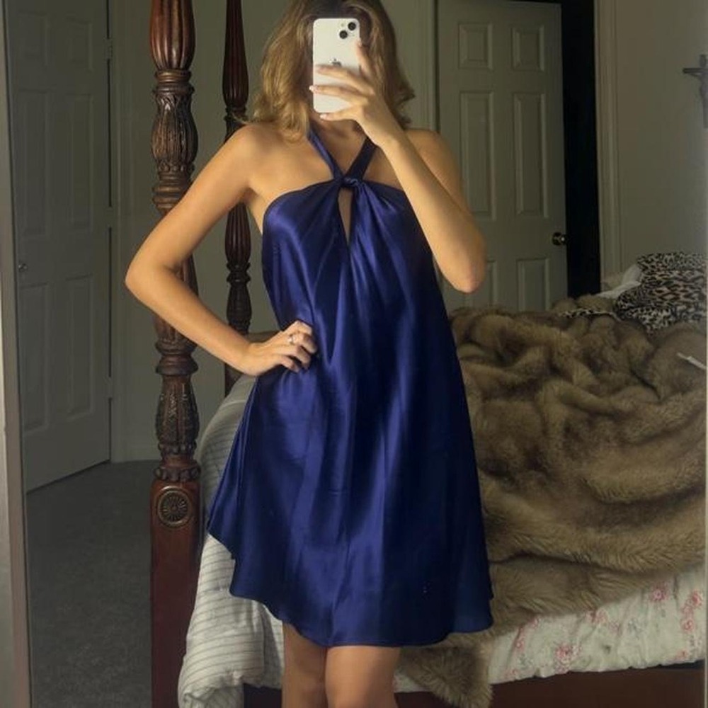 00s 100% silk halter mini dress in deep sapphire blue